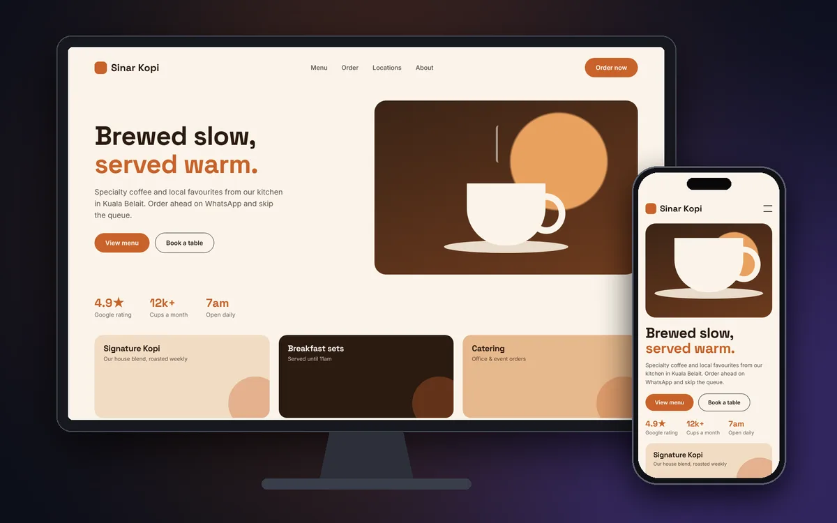 Sample café website shown on a desktop monitor and a phone
