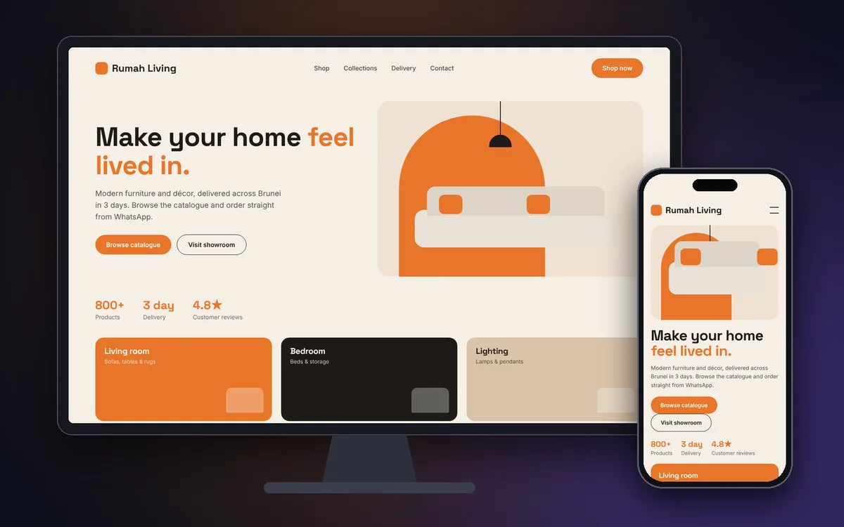 Sample furniture store website shown on a desktop monitor and a phone