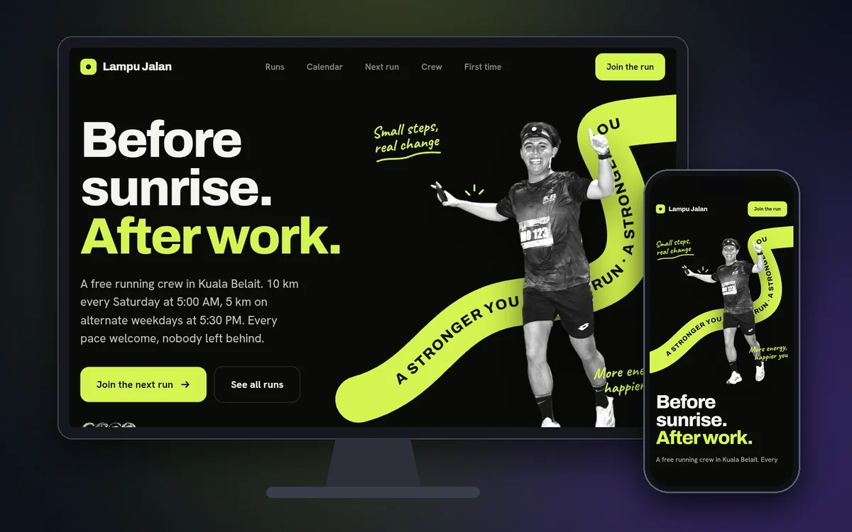 Lampu Jalan Run Club website shown on a desktop monitor and a phone